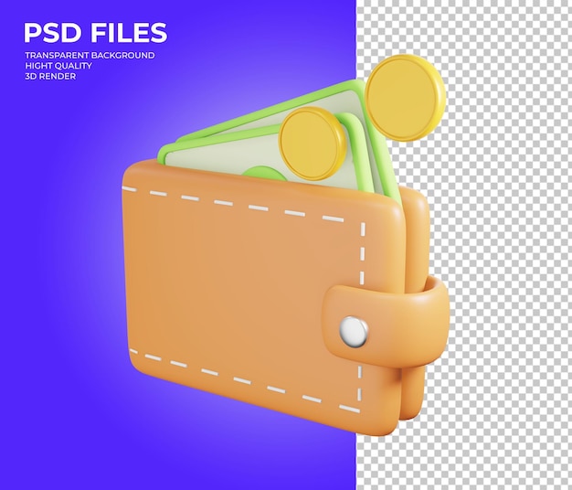 PSD carteira com dinheiro e moeda 3d render ilustração simples