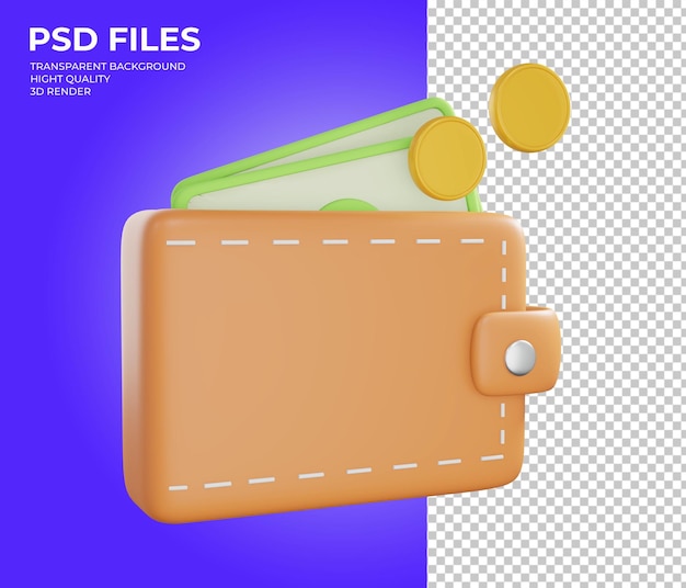 Carteira com dinheiro e moeda 3d render ilustração simples