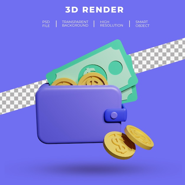 PSD carteira com moeda de dólar e renderização 3d de dinheiro