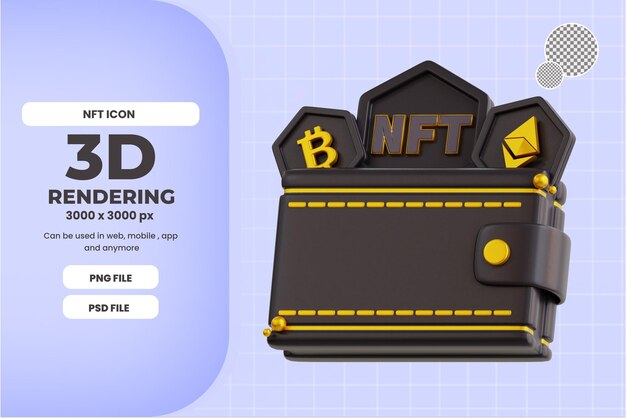PSD carteira de moedas 3d nft com ícone de cor preta
