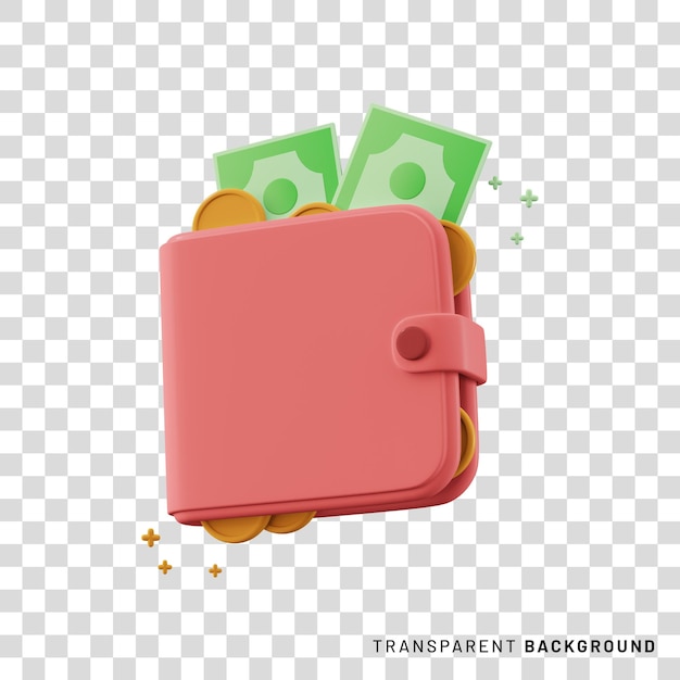 Carteira de renderização 3d com dinheiro ou notas e moedas
