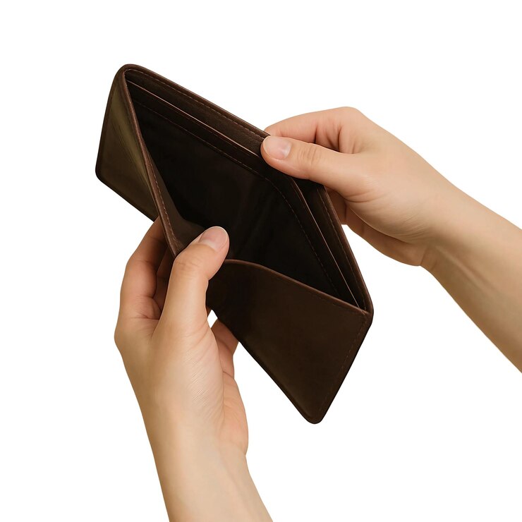 PSD carteira vazia aberta ilustrando dificuldades financeiras