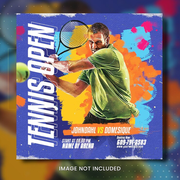 PSD cartel abierto de tenis con un hombre jugando al tenis.