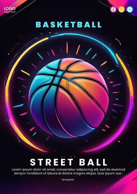 PSD cartel abstracto creativo con diseño de baloncesto de neón