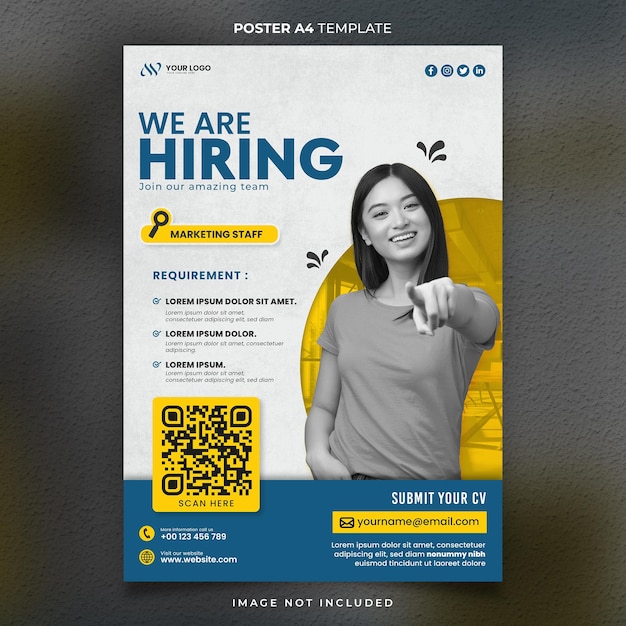 Cartel amarillo de contratación de trabajo A4 o plantilla de pancarta