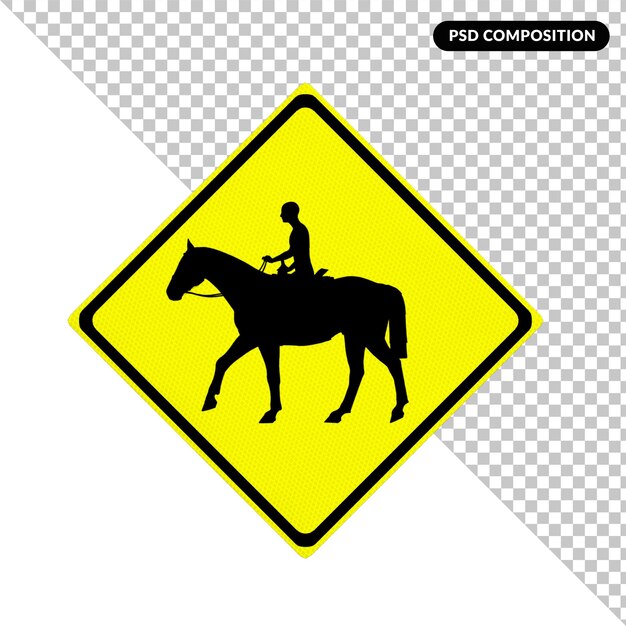 PSD un cartel amarillo con la silueta de un caballo y una persona montada en un caballo.