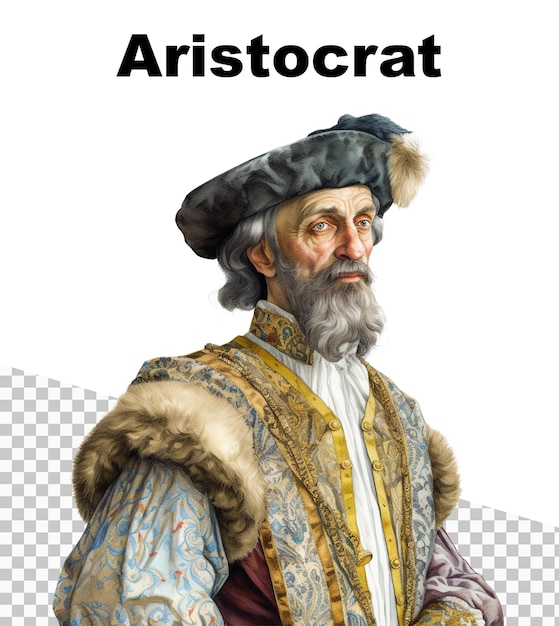 PSD un cartel con un aristócrata de la edad media con la palabra aristócrata en la parte superior