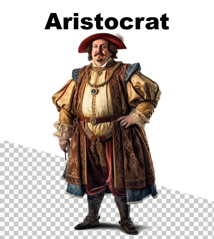 PSD un cartel con un aristócrata de la edad media con la palabra aristócrata en la parte superior