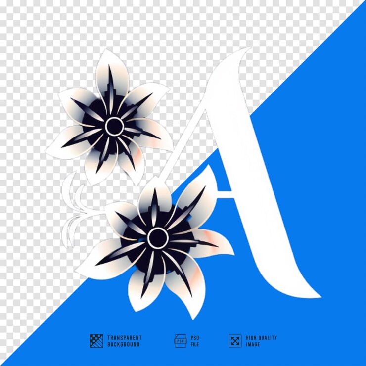PSD un cartel azul y blanco con una flor en el medio