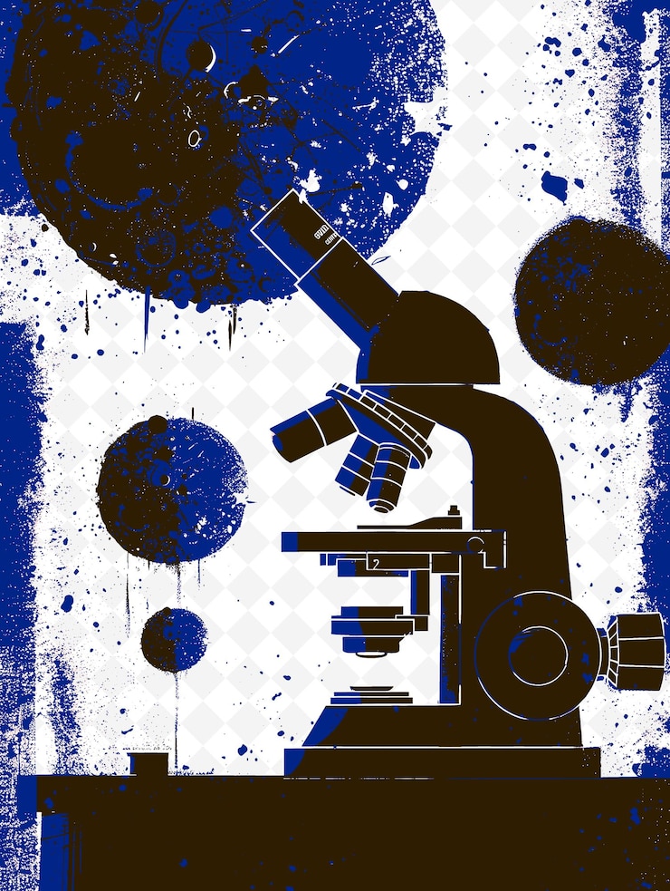 PSD un cartel azul y blanco con un microscopio y un fondo azul