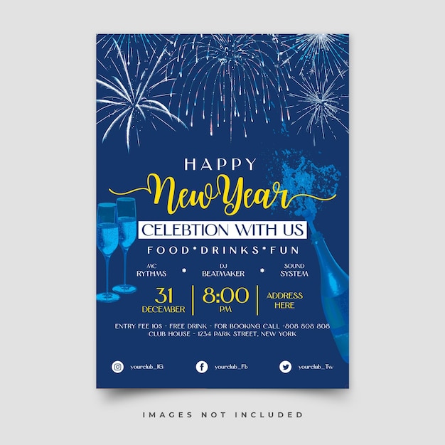 PSD un cartel azul para la víspera de año nuevo con fuegos artificiales en él