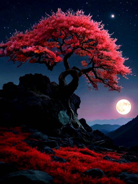 El cartel de la belleza etérea de un paisaje místico bajo la luz roja de la luna la escena se suponía