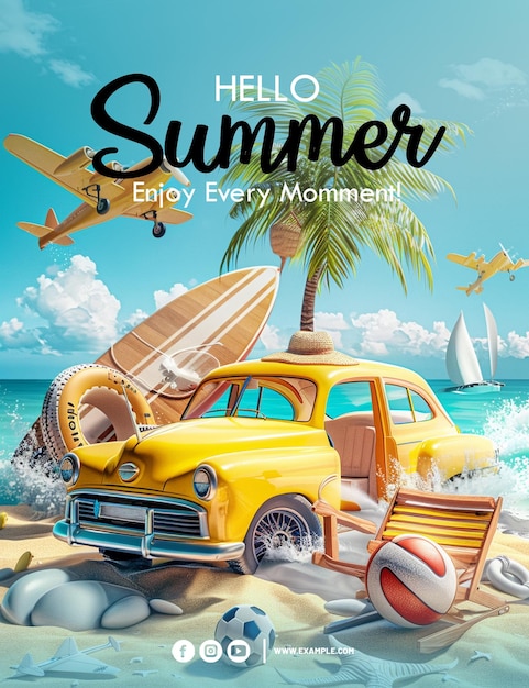PSD un cartel de bienvenida al verano con una escena de playa y un árbol de palma de fondo plantilla de estandarte de verano