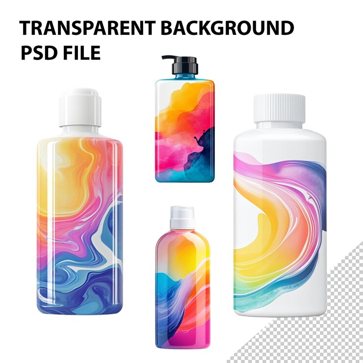 PSD un cartel para una botella de color arcoíris con un diseño de arco iris en él