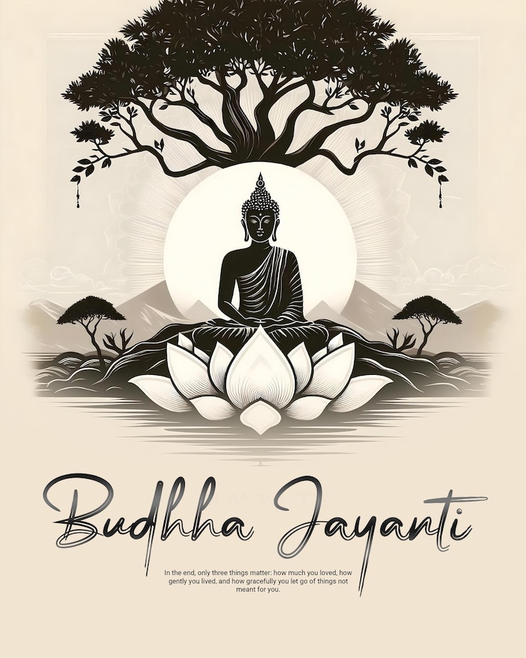 PSD un cartel de un buda sentado bajo un árbol con las palabras buda en él