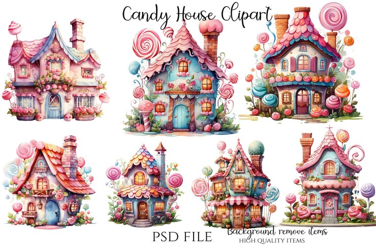 PSD un cartel para una casa de bastones de caramelo con un dibujo de una casa y una caja de caramelos.