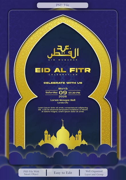 El cartel de la celebración de Eid al Fitr en azul y oro