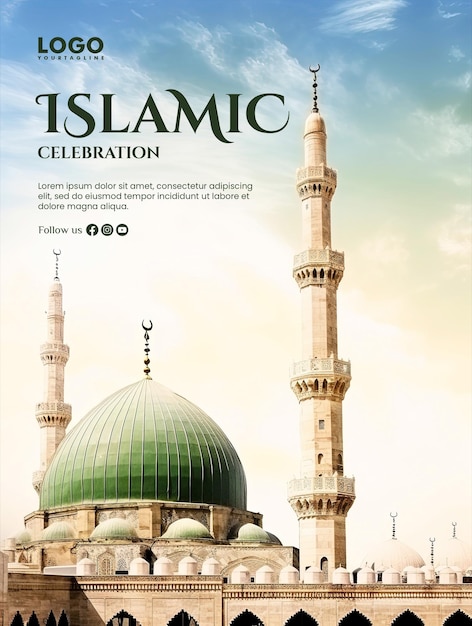 Cartel de celebración islámica con mezquita nabawi