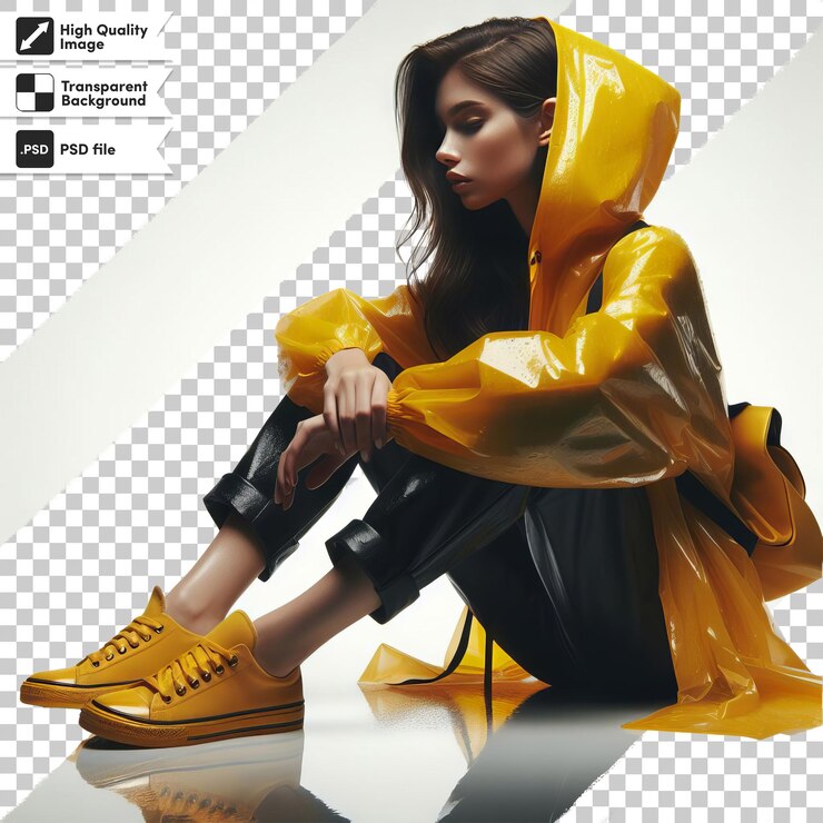 PSD un cartel para una chica con un impermeable amarillo