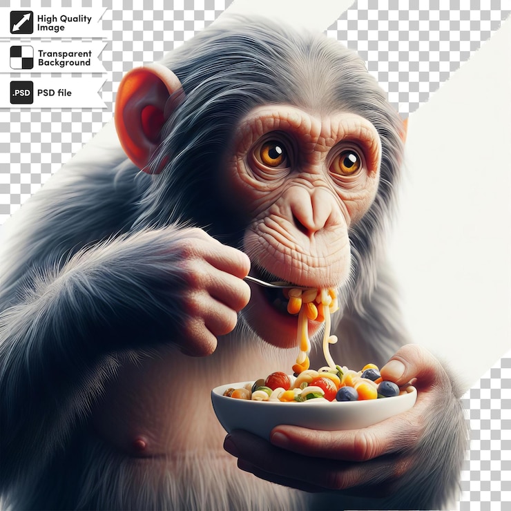PSD un cartel para un chimpancé llamado un mono comiendo cereales