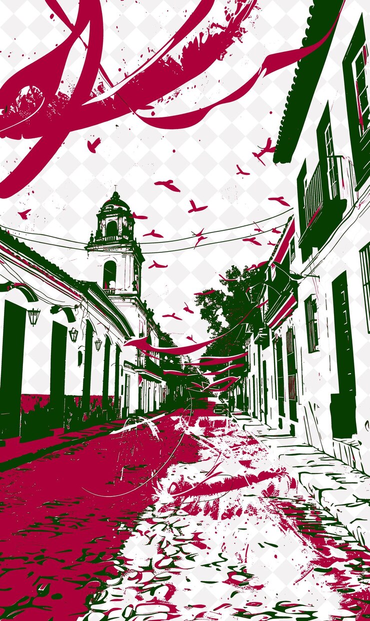 PSD un cartel para una ciudad con un fondo rojo y verde con una imagen de una iglesia y una iglesia