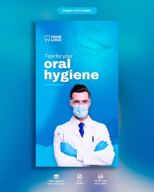 PSD un cartel para una clínica dental con un hombre dentista máscaras de higiene por hora fondo azul