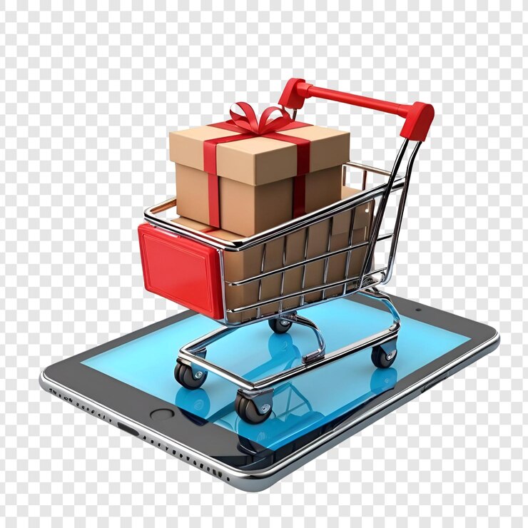 PSD cartel de compras en línea entrega de regalos comercio electrónico tableta móvil aislada en transparente