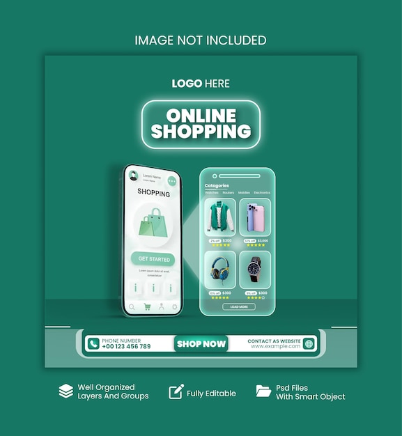 un cartel para compras en línea se muestra en un fondo verde