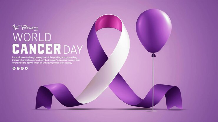 Un cartel de concienciación mundial sobre el cáncer con el símbolo de la cinta