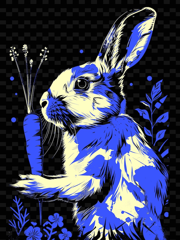 PSD un cartel de un conejo con un fondo azul y blanco con flores