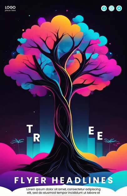 PSD cartel creativo con diseño abstracto de árbol de neón