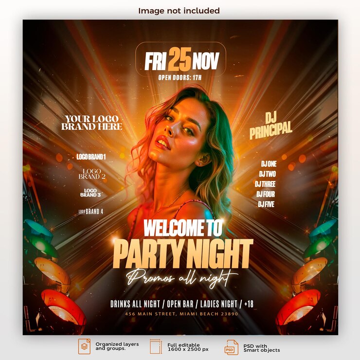 Un cartel cuadrado de redes sociales para una noche de fiesta elegante y elegante y una competencia de DJ en el club