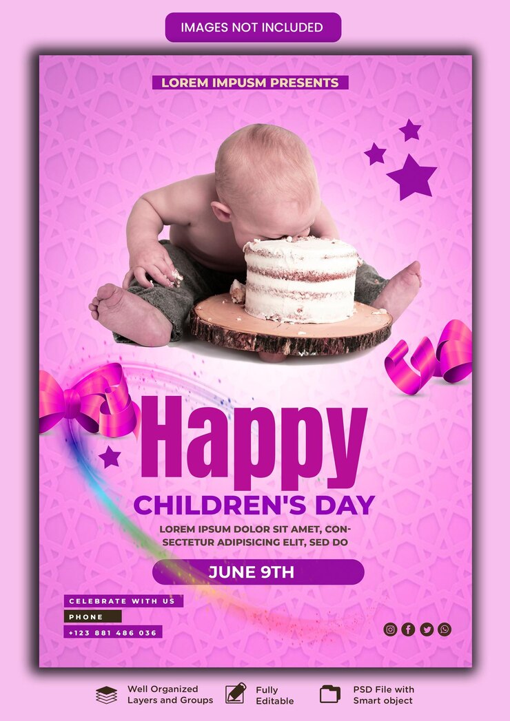 PSD un cartel para el cumpleaños de un niño con un pastel de cumpleaños en el fondo