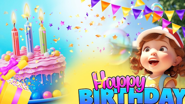 PSD un cartel para un cumpleaños con un personaje de dibujos animados en él