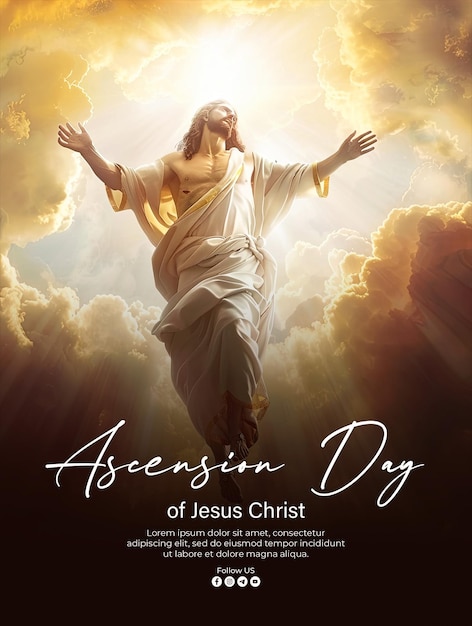 PSD cartel para el día de la ascensión de jesucristo con el fondo de jesús ascendiendo al cielo