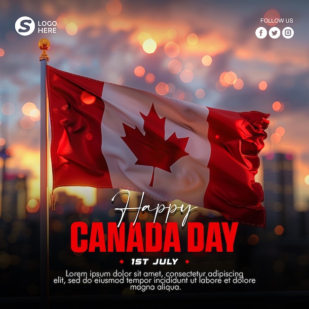 PSD un cartel para el día de canadá con una bandera canadiense y una ciudad en el fondo