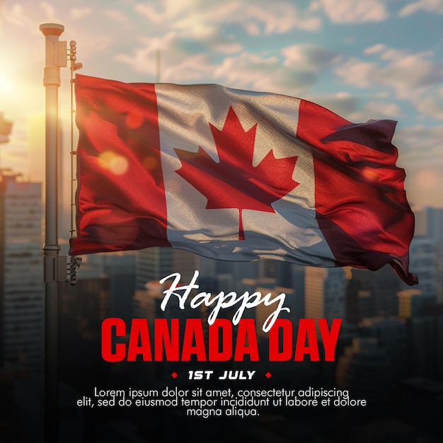 PSD un cartel para el día de canadá con una bandera canadiense y una ciudad en el fondo