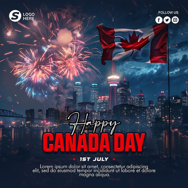 PSD un cartel para el día de canadá con una bandera canadiense y una ciudad en el fondo