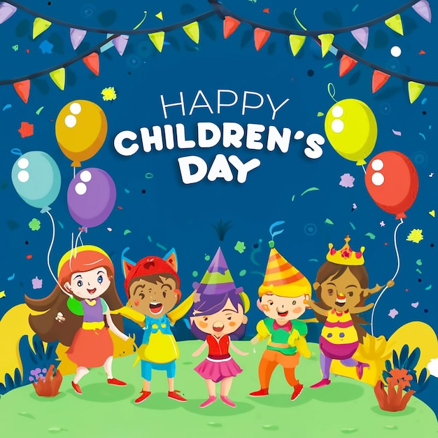PSD un cartel del día infantil con imágenes de niños jugando juntos, niños jugando con personajes.