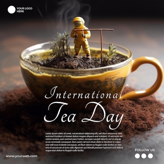 Un cartel para el día internacional del té con una taza de café y un hombre disfrazado de astronauta amarillo.