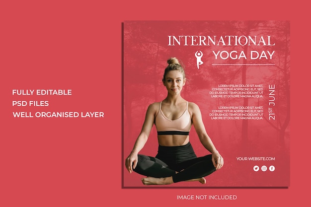 Un cartel para el día internacional del yoga con una mujer de fondo rojo.