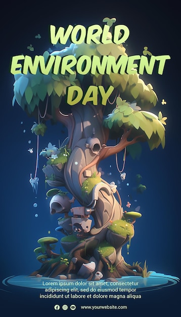 Un cartel para el día del medio ambiente con un árbol y un oso.