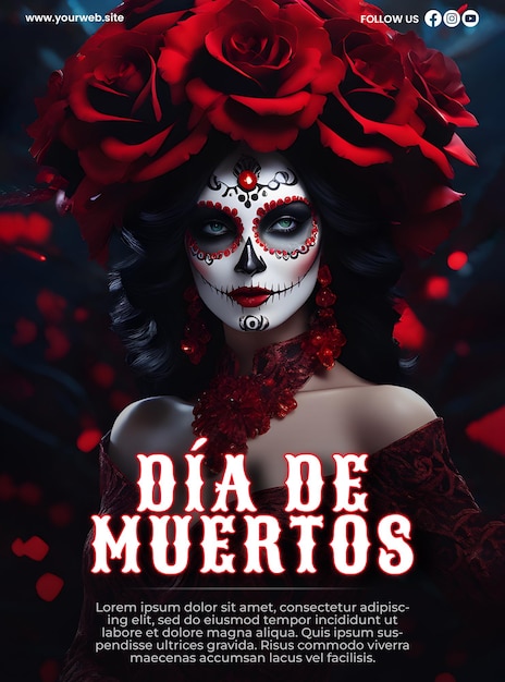 PSD cartel del día de los muertos con el fondo de una mujer joven