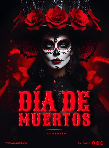 PSD cartel del día de los muertos con el fondo de una mujer joven