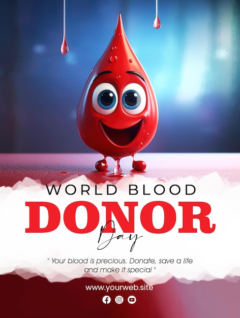 PSD cartel para el día mundial del donante de sangre con gota de sangre de dibujos animados y cara sonriente