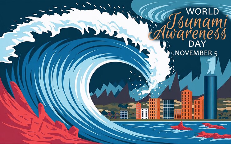PSD un cartel para el día mundial del tsunami muestra una gran ola rompiendo sobre una casa