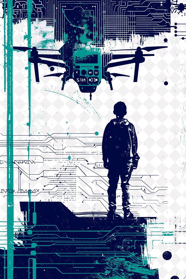 PSD un cartel para un drone con un hombre de pie en él y un cartel que dice el robot