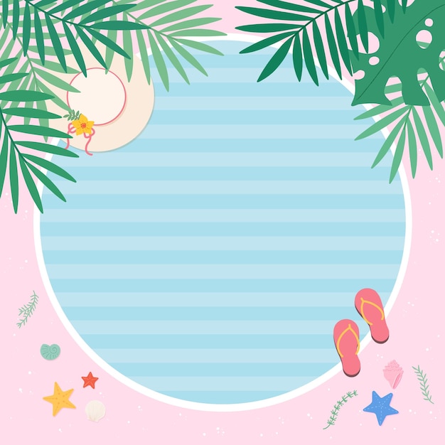 un cartel para una escena de playa con palmeras y un fondo azul con hojas de palma