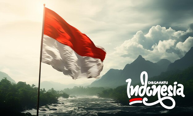 Cartel para el estado indonesio con una bandera y montañas al fondo