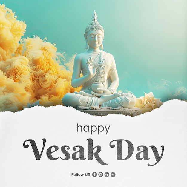 PSD un cartel para una feliz celebración del día de vesak con un buda en las nubes